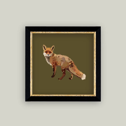 Closeup of framed antique-inspired fox artwork by Luxe B Co, showcasing detailed illustration in a vintage-style frame.