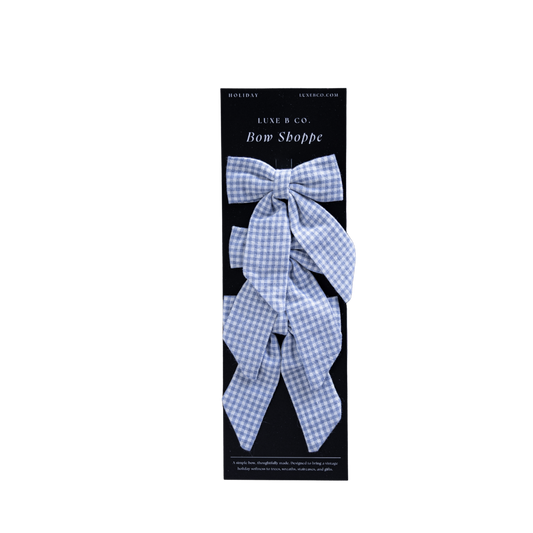 Blue mini gingham fabric bows with clips set by Luxe B Co, perfect for hair accessories or decorative use.