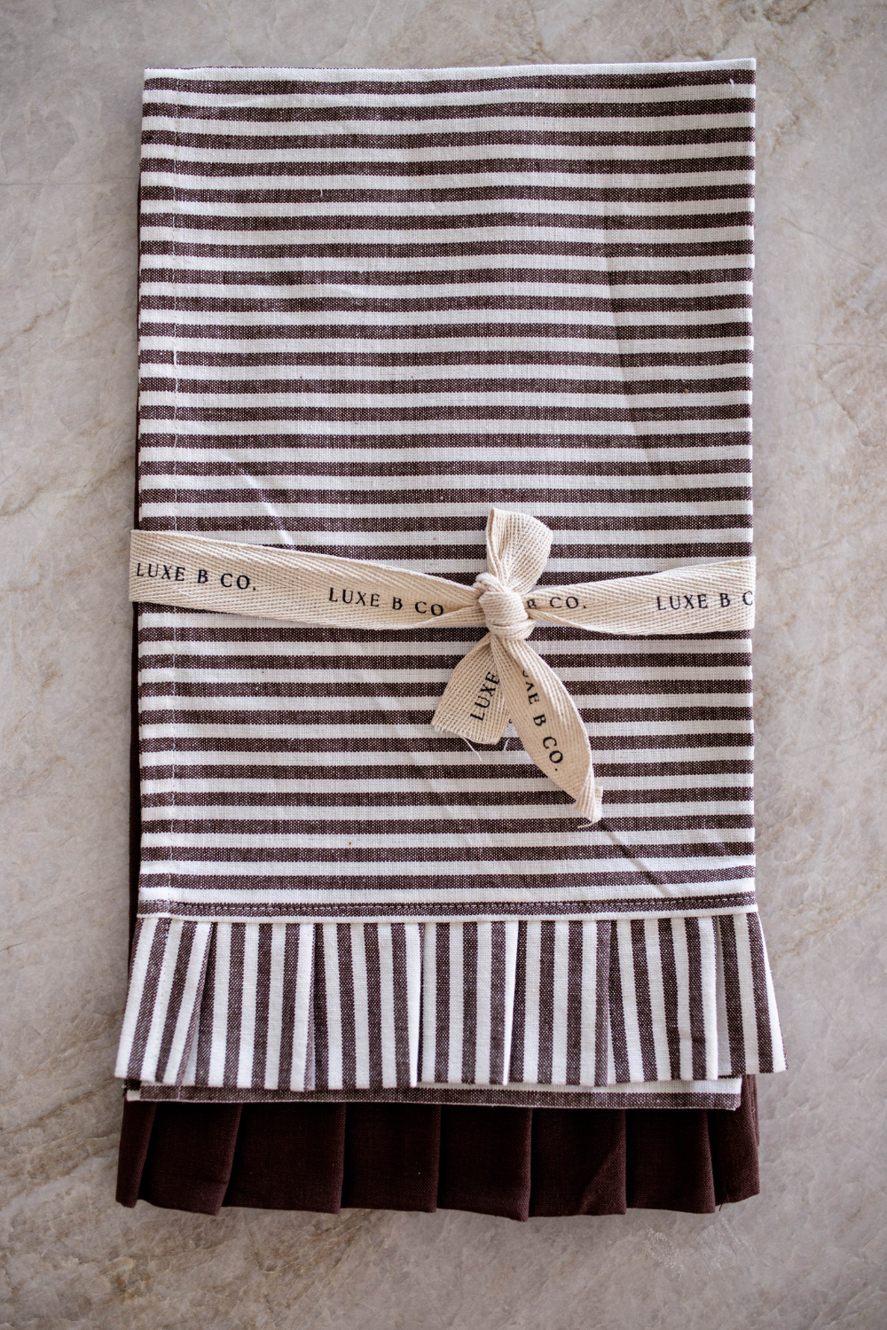 Brown & White Stripes Ruffle Kitchen Dish Towel | By Luxe B Co