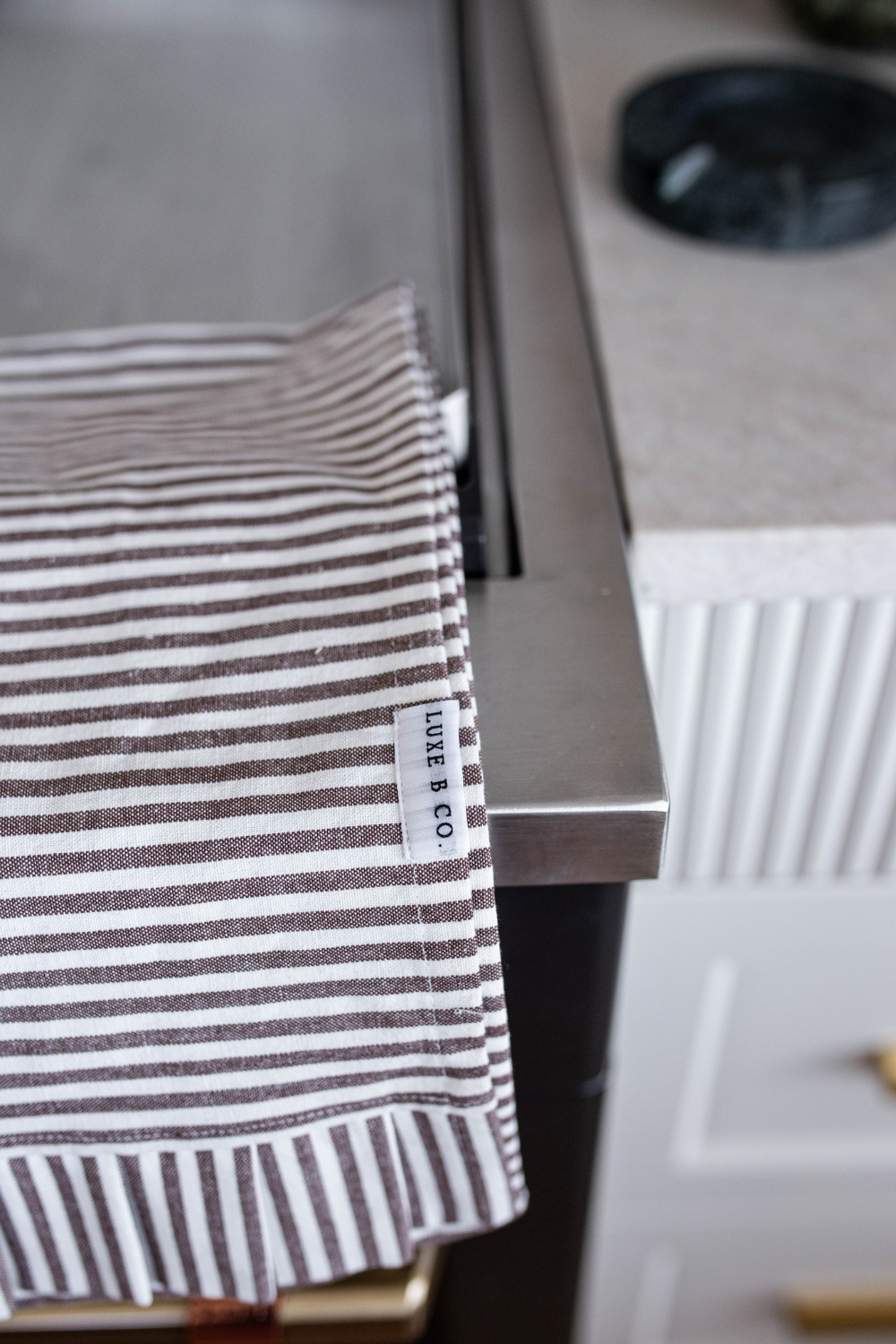 Brown & White Stripes Ruffle Kitchen Dish Towel | By Luxe B Co