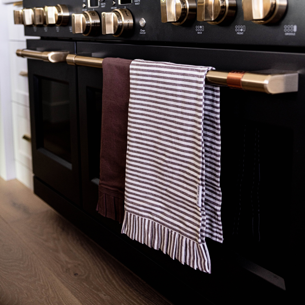 Brown & White Stripes Ruffle Kitchen Dish Towel - Luxe B Co