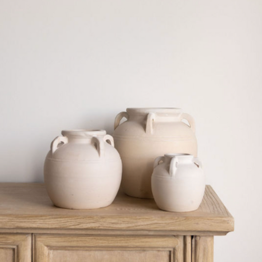 Cream-colored matte terracotta vase with handles, featuring a simple, elegant design by Luxe B Co.