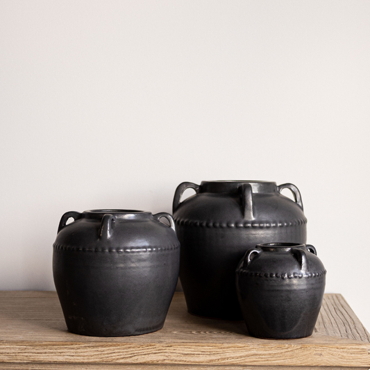 Grey glazed terracotta vase with handles, Dumont by Luxe B Co, featuring a smooth finish and classic shape.