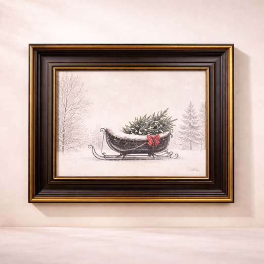 Antique-inspired black framed art of a festive sleigh with brass trim, showcasing elegant holiday holiday decor by Luxe B Co.