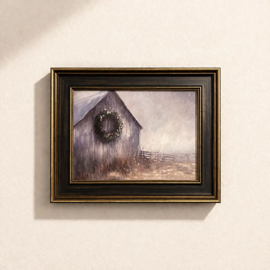 Black framed art print featuring an antique-inspired Heritage Barn design with brass trim, by Luxe B Co.