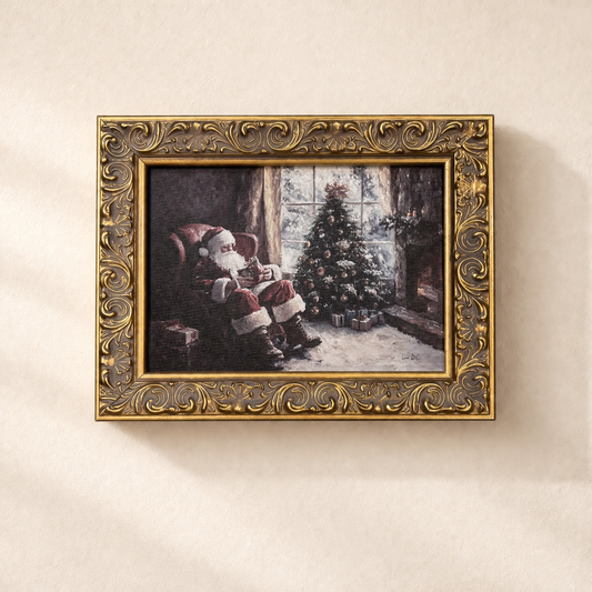 Antique-inspired brass framed art titled "Holiday Eve" by Luxe B Co, showcasing vintage-style artwork in a decorative heirloom frame.
