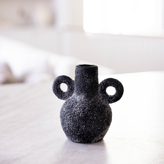 Black terracotta Kos vase by Luxe B Co with a rounded shape and textured surface, ideal for modern home decor.