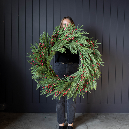 Red Plum Berry Norfolk Cypress Real Touch Wreath - 34" - Luxe B Co