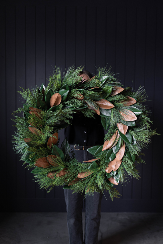 Luxe B Co Magnolia Norfolk Cypress mixed real-touch wreath, 34-inch decorative wreath with magnolia and cypress foliage.
