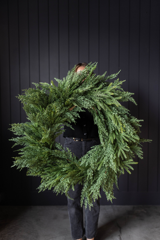 Luxe B Co Norfolk & Cypress Mixed Real Touch Wreath, 34-inch, with realistic greenery and mixed foliage for festive decor