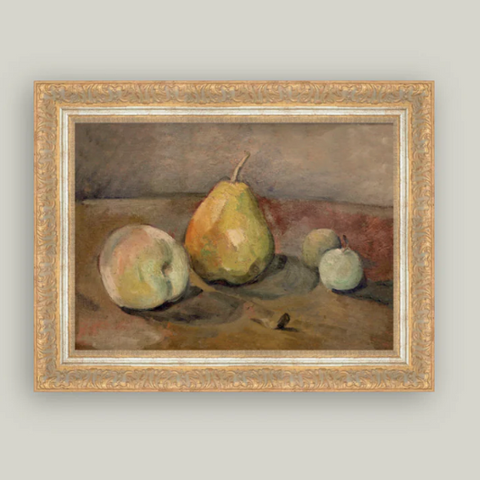 Framed antique-inspired art featuring pears and apples, decorative botanical illustration by Luxe B Co.