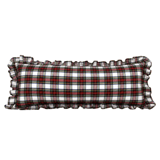 Ruffle bolster pillow cover with holiday plaid pattern by Luxe B Co, featuring ruffled edges for festive decor.