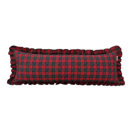 Red plaid Ruffle Bolster Pillow Cover by Luxe B Co featuring ruffled edges and a cozy, stylish design.