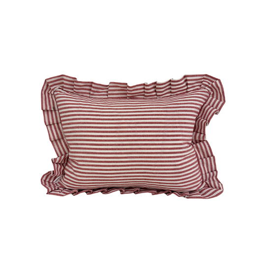 Red striped lumbar pillow sham with ruffle details, Luxe B Co pillow cover for decorative bedroom or living room accents.