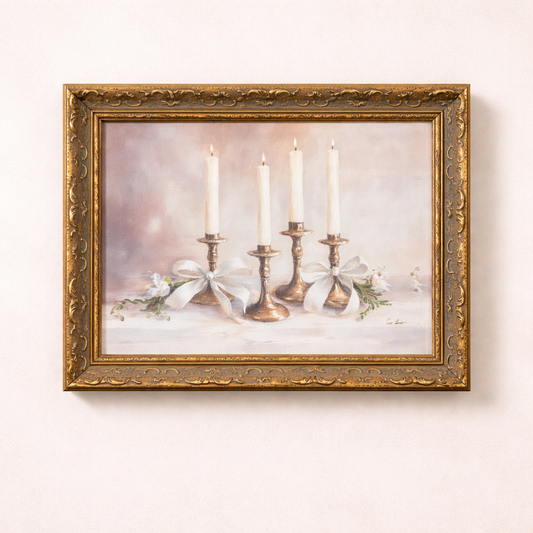 Framed art featuring a tapered holiday candle with antique-inspired gold leaf crown by Luxe B Co.