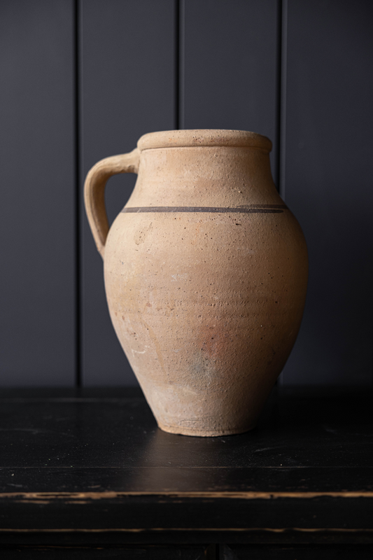 One of a kind terracotta stripe vintage found vase by Luxe B Co, showcasing earthy tones and handcrafted design.