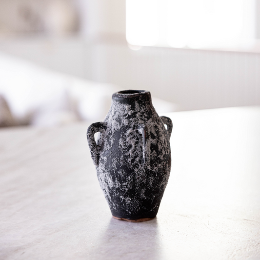 Black Thassos terracotta vase with four handles by Luxe B Co, featuring a classic, elegant design for decorative use.