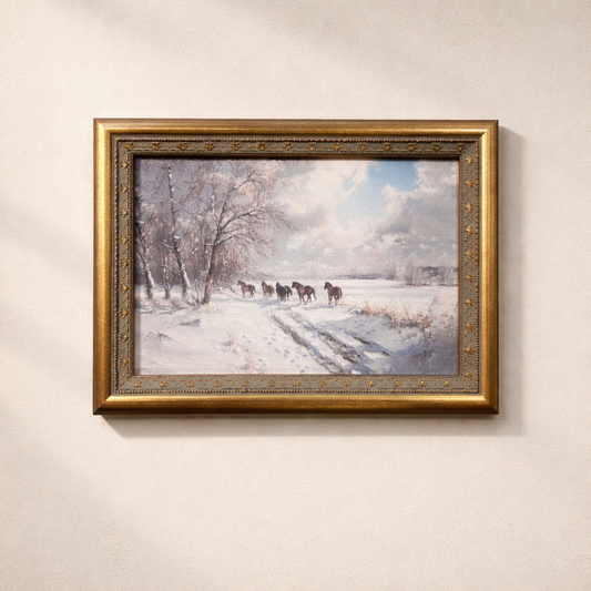 Antique-inspired brass mould framed art of trailing horses, showcasing intricate details and vintage elegance by Luxe B Co.