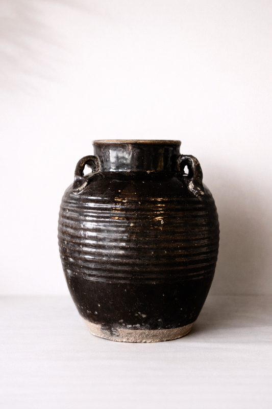 Black ceramic vase with ribbed texture on a white background