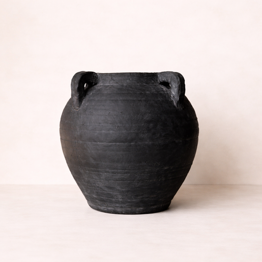 Black ceramic vase with two handles on a white background