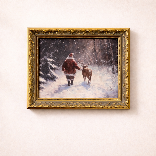 Antique-inspired framed art of Wandering Saint Nicholas with gold leaf crown, created by Luxe B Co, displayed in a decorative frame.