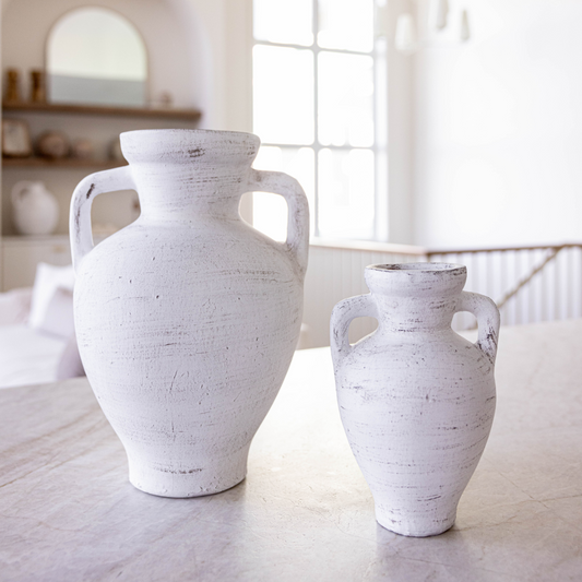 White terracotta Lesbos urn vase with handle by Luxe B Co, featuring a classic design and smooth finish.