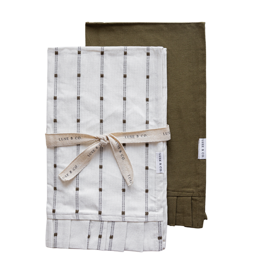 White Embroidery Olive Green Stripes Ruffle Kitchen Dish Towel | By Luxe B Co.