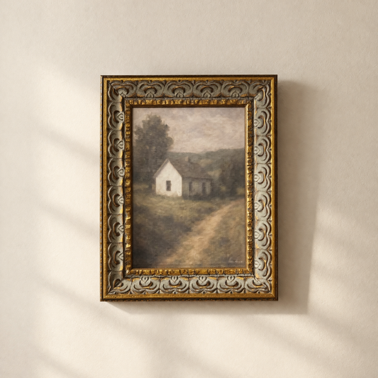 White Farmhouse | Antique Inspired Gold Leaf Crowned Framed Art | By Luxe B Co.