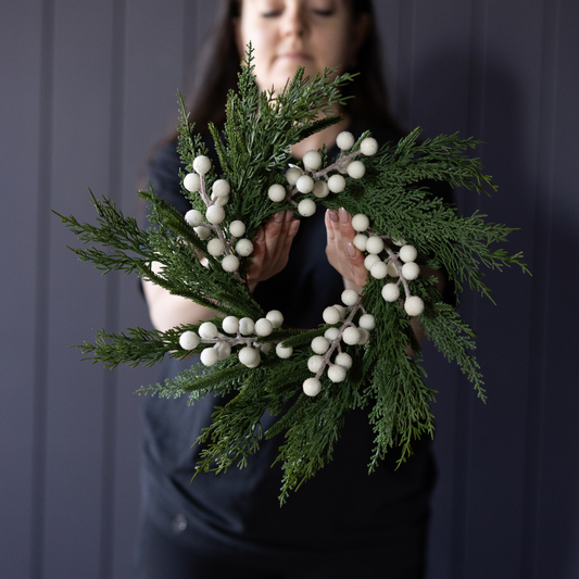 White Plum Frosted Berry Norfolk Cypress real touch wreath, 14-inch decorative holiday wreath by Luxe B Co