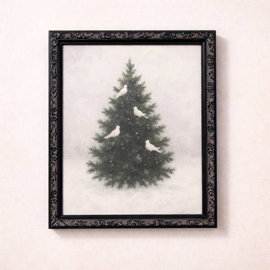 White Tree Doves framed art by Luxe B Co featuring antique-inspired design with black moulded frame, perfect for elegant wall decor.