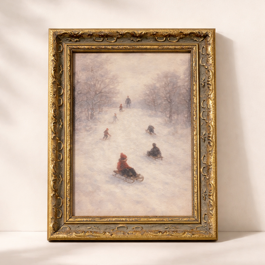 Antique-inspired framed art titled Winter Rush featuring gold leaf crown design, by Luxe B Co, displayed in a decorative frame.
