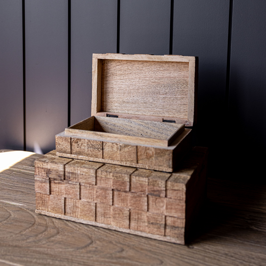 Set of Luxe B Co wooden weave storage boxes featuring decorative, natural wood finish for stylish organization.