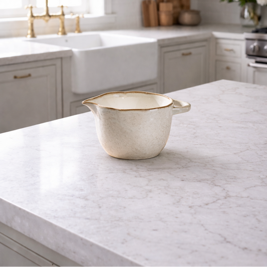 Modern kitchen with marble countertop, white cabinets, and gold fixtures.