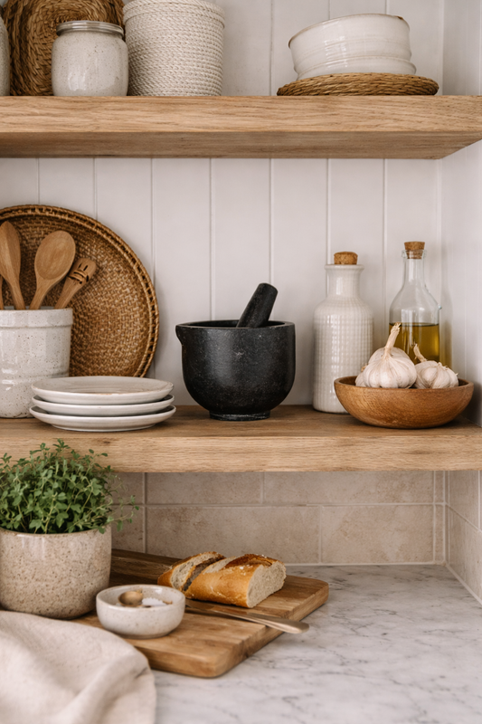 Kitchen shelves with various kitchenware including bowls, a mortar and pestle, and a cutting board.