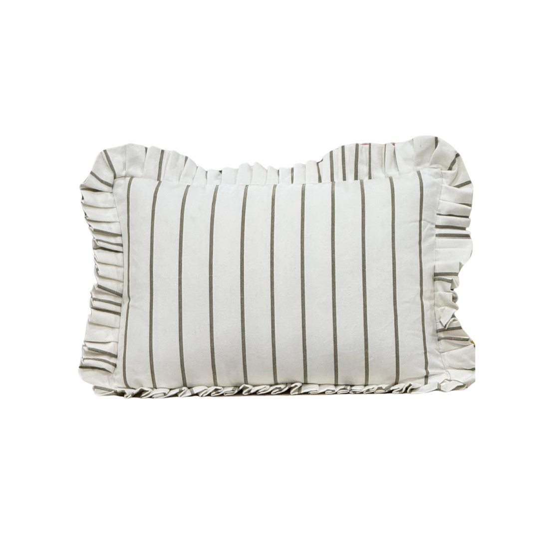 Ruffle Lumbar Pillow Cover White Olive Green Pin Stripes - Luxe B Co