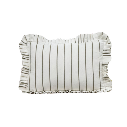 Ruffle Lumbar Pillow Cover White Olive Green Pin Stripes - Luxe B Co