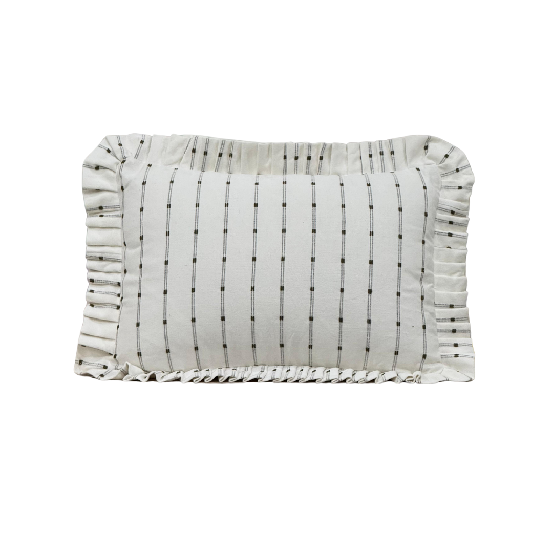 Ruffle Lumbar Pillow Cover White Embroidery Olive Green Stripes - Luxe B Co