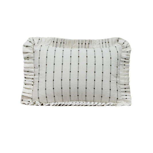 Ruffle Lumbar Pillow Cover White Embroidery Olive Green Stripes - Luxe B Co