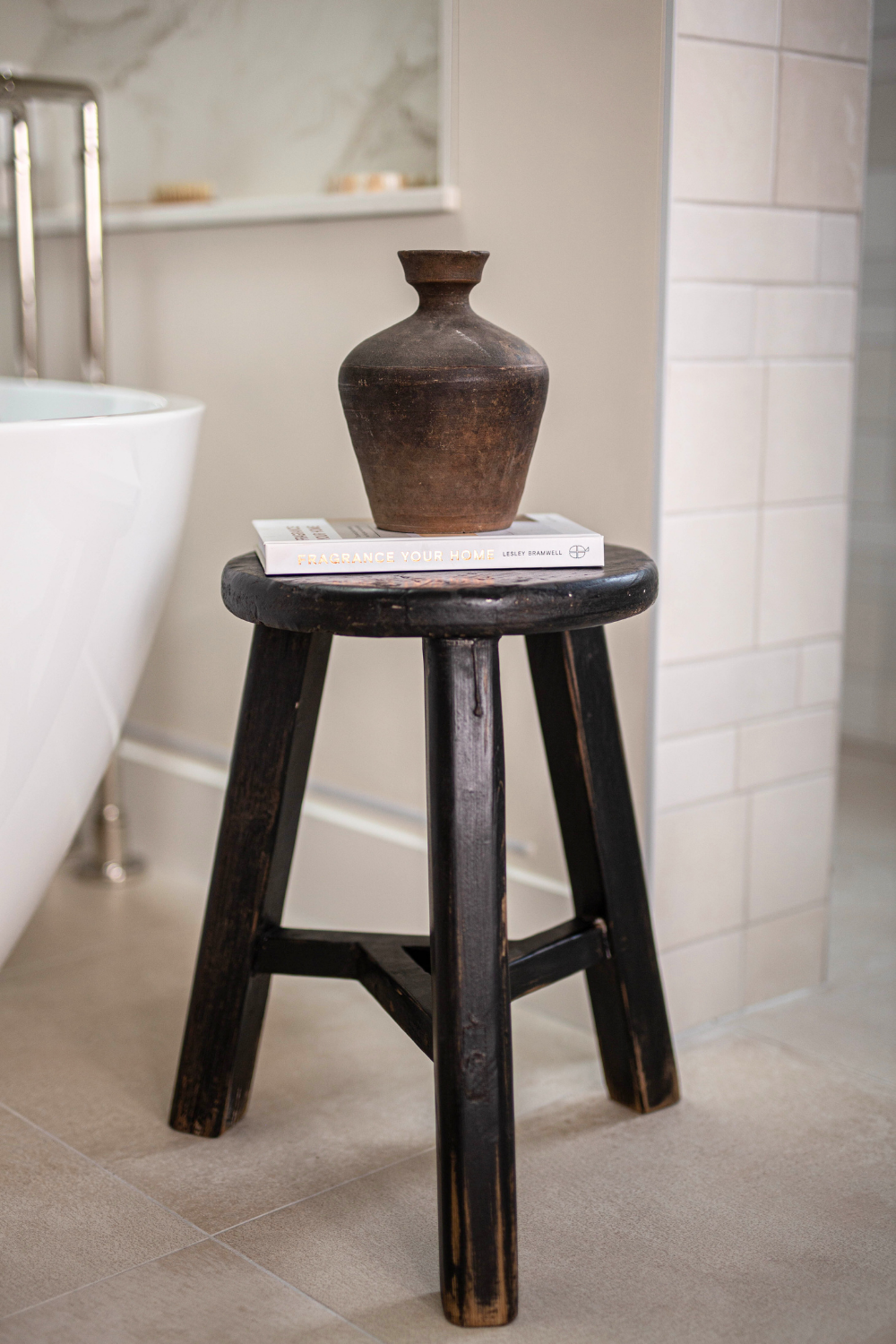 Vintage Elm Wood Round Stool Black - Luxe B Co