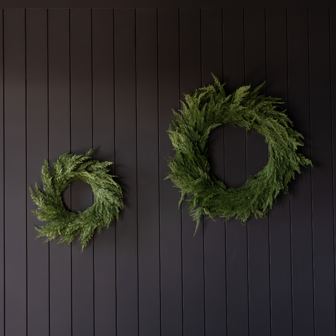 Luxe B Co Cypress Leaf Full Real Touch Wreath, 24-inch artificial greenery wreath with lush cypress leaves.