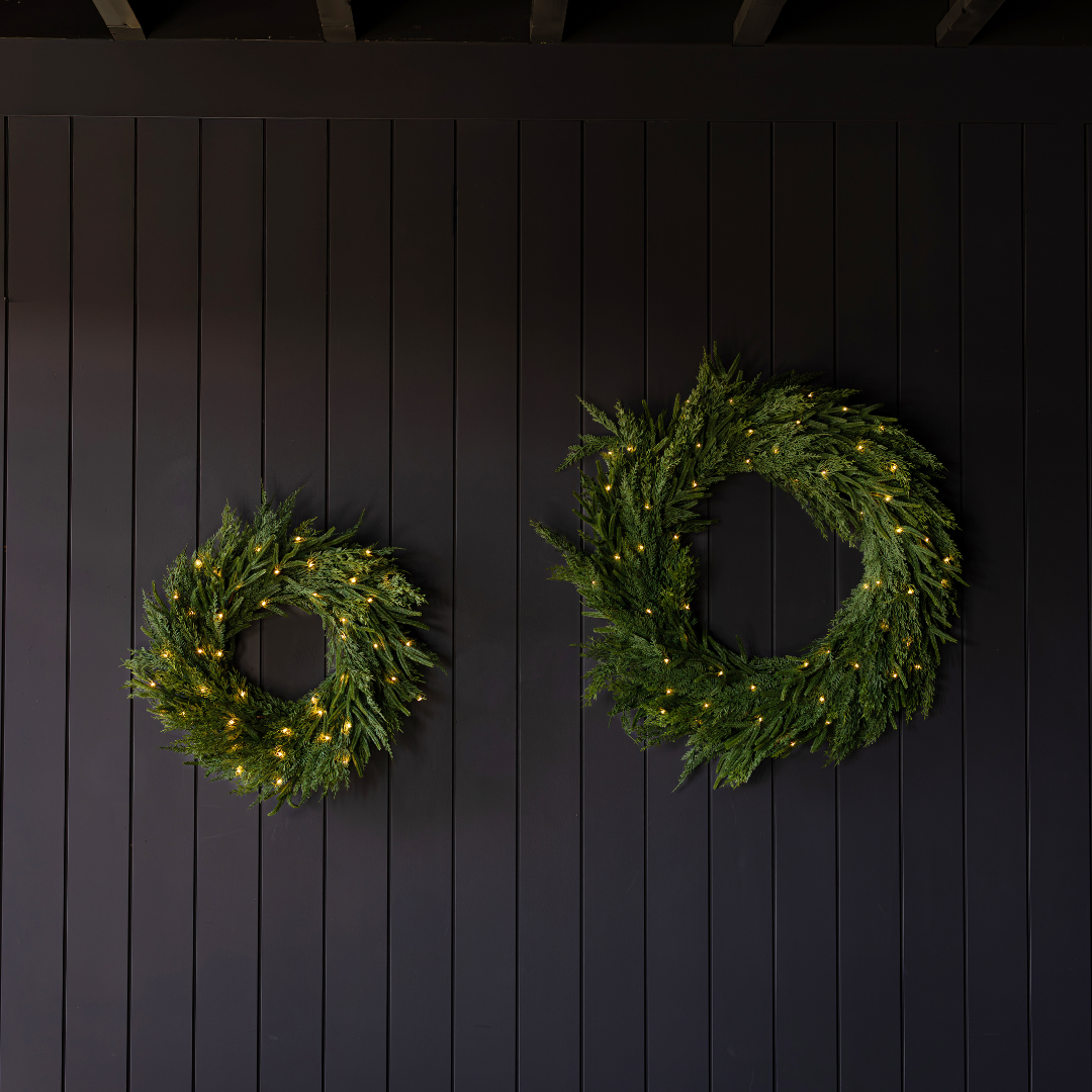 24-inch Luxe B Co Norfolk & Cypress Mixed Real Touch Wreath with lush green foliage and realistic faux leaves.