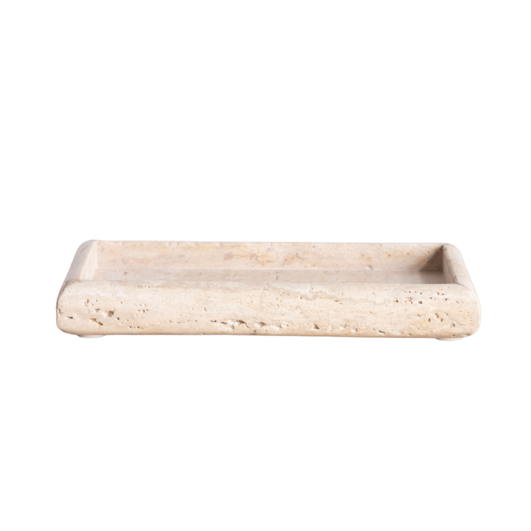 Beige travertine round edge decorative tray by SK Industries showing a smooth, polished surface with rounded edges for elegant display.