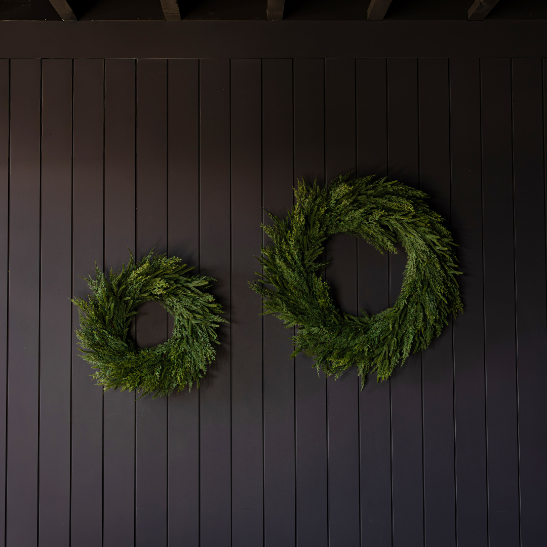 Luxe B Co Norfolk & Cypress Mixed Real Touch Wreath, 34-inch, lush green and textured foliage ideal for seasonal decor.