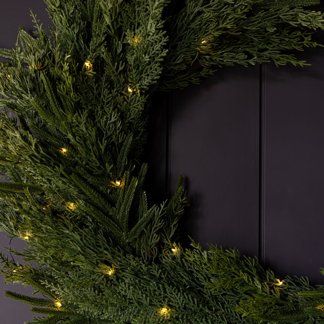 Luxe B Co Norfolk & Cypress Mixed Real Touch Wreath, 34-inch size, featuring lush greenery and realistic textured leaves.
