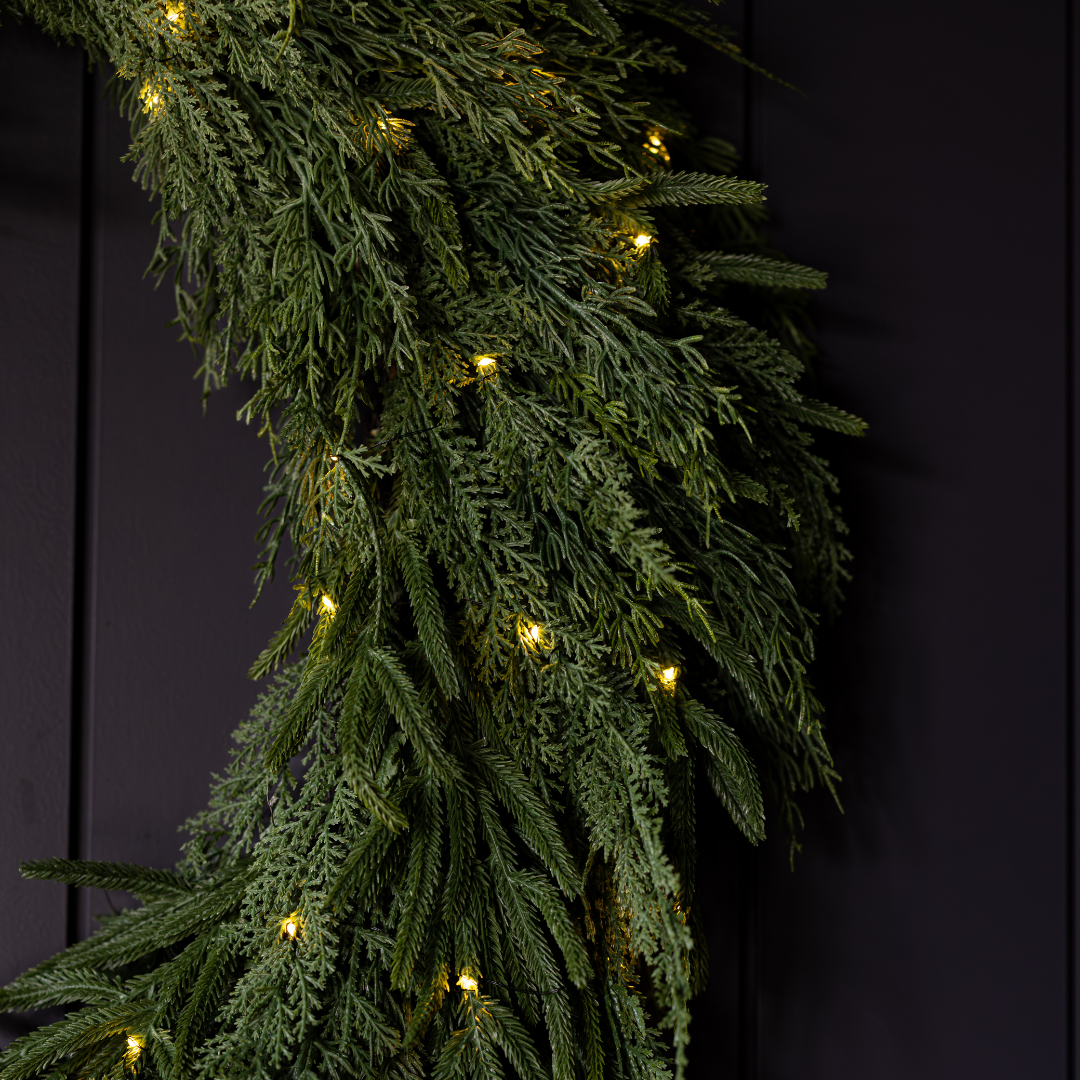 Luxe B Co Norfolk & Cypress Mixed Real Touch Wreath, 24-inch, featuring realistic greenery and textured foliage for elegant home decor.