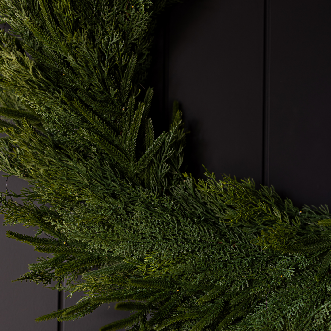 Luxe B Co Norfolk & Cypress Mixed Real Touch Wreath, 24-inch, with lush green and textured foliage for a natural look