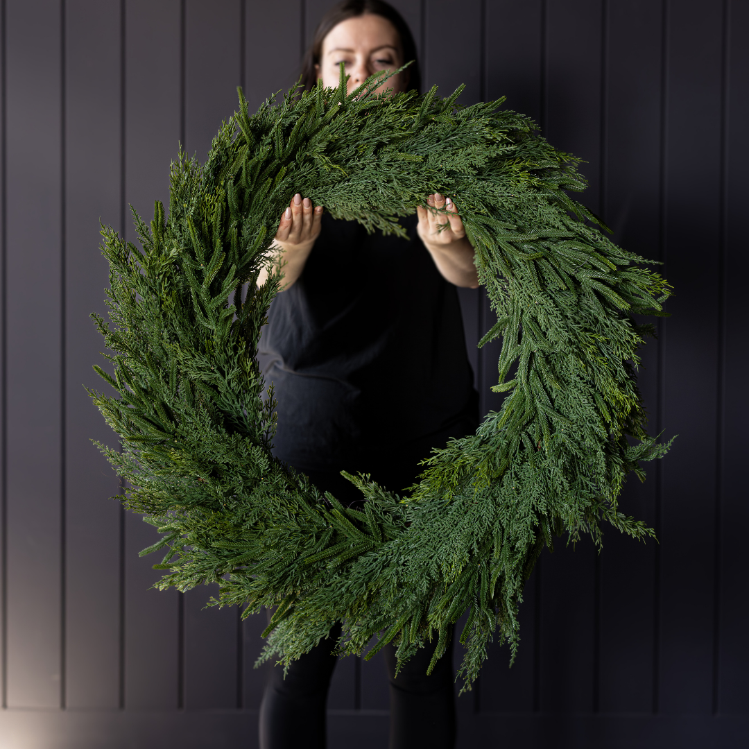 Luxe B Co Norfolk & Cypress Mixed Real Touch Wreath, 34-inch, with realistic green foliage and decorative accents.