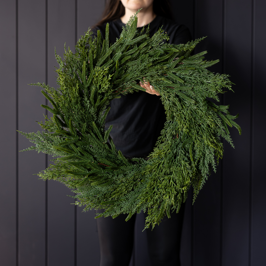 Luxe B Co Norfolk & Cypress Mixed Real Touch Wreath, 24-inch, with lush green foliage and realistic textured leaves.