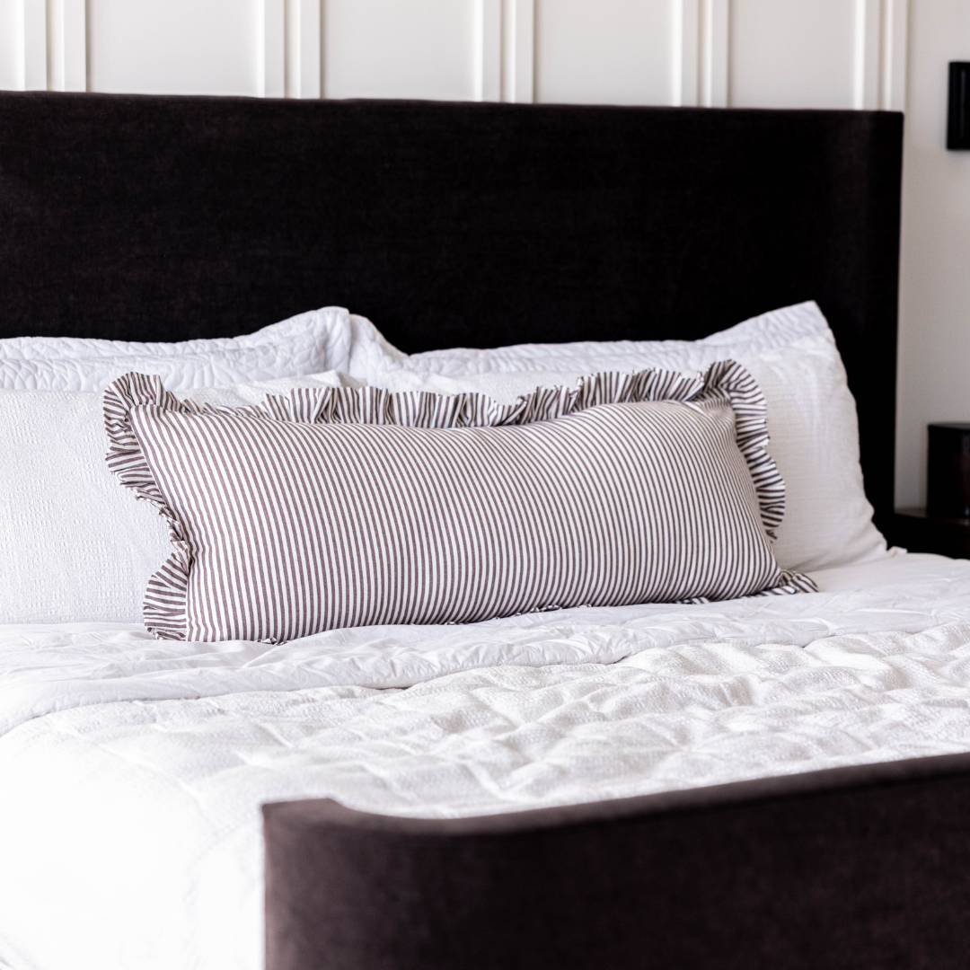 Ruffle Bolster Pillow Cover Brown White Stripes - Luxe B Co