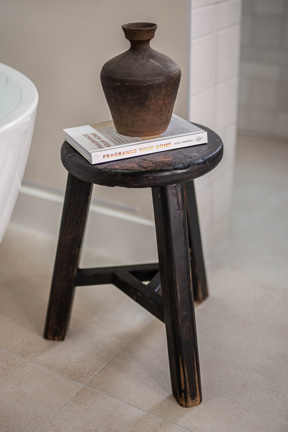 Vintage Elm Wood Round Stool Black - Luxe B Co